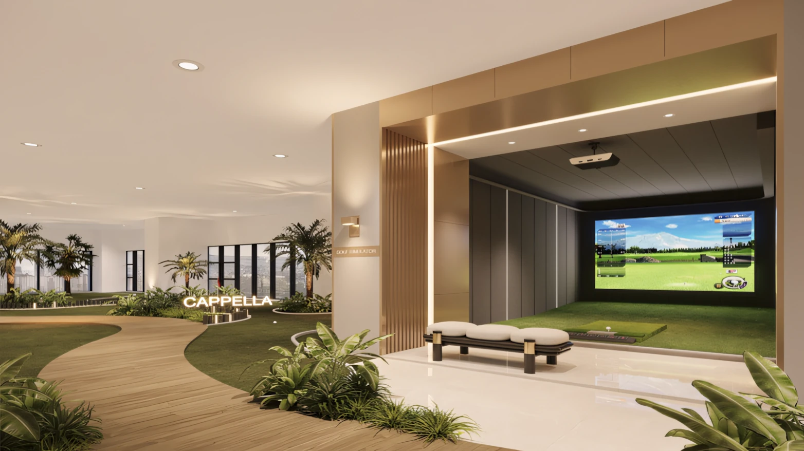 High-tech indoor golf simulator room for Cappella Embassy residents